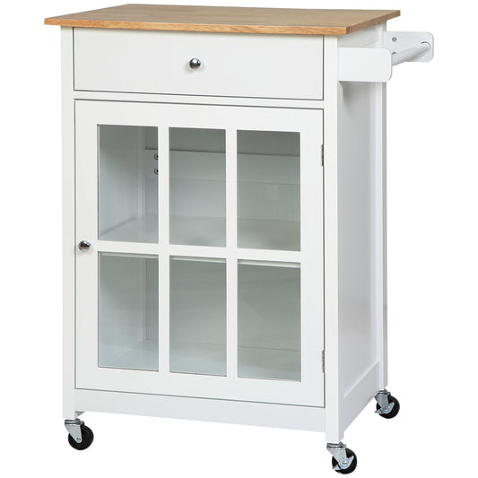 Rolling Kitchen Island Cart with Towel Rack and Glass-Door Cabinet and Drawer, White