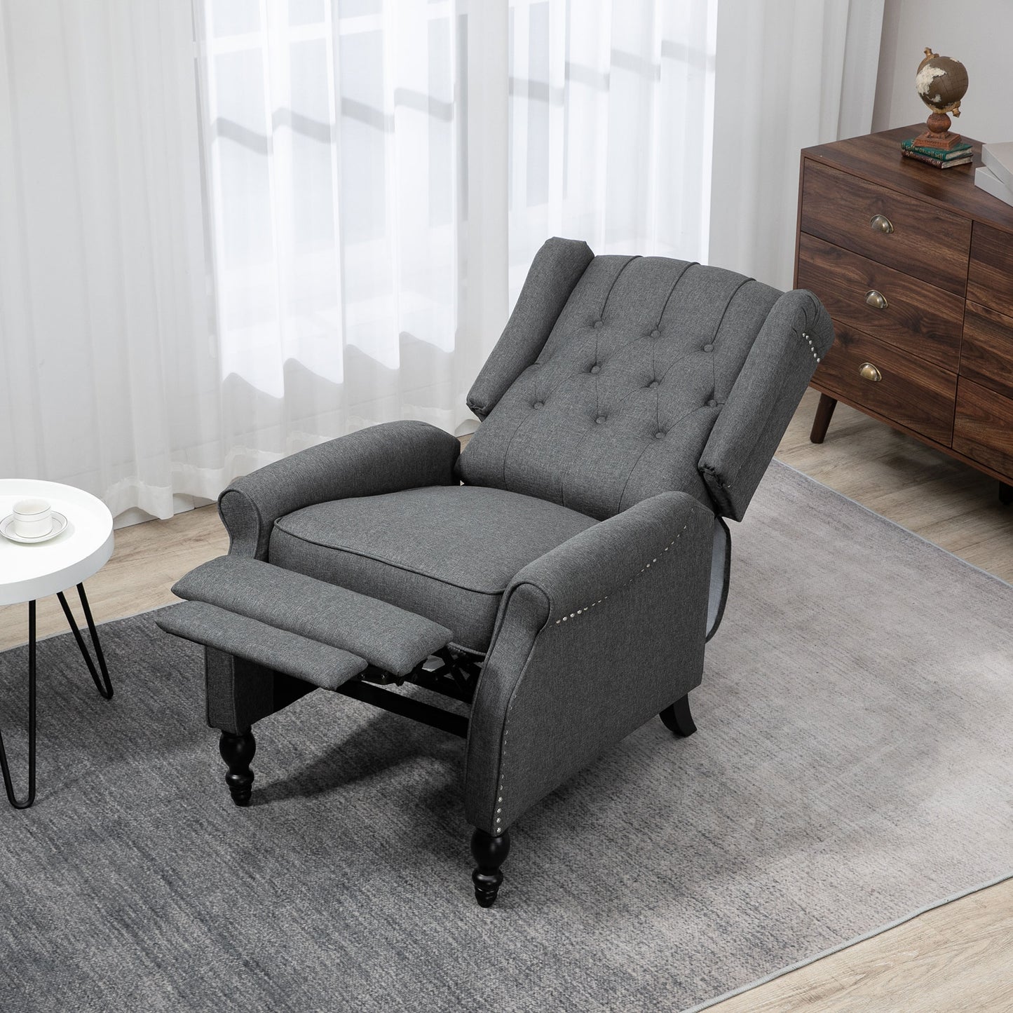 Manual Reclining Chair with Button Tufted Backrest, Dark Grey