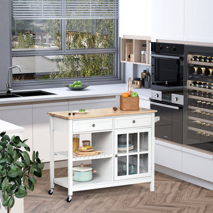 Rolling Kitchen Utility Cart with Rubber Wood Top and Towel Rack and Cabinet, White