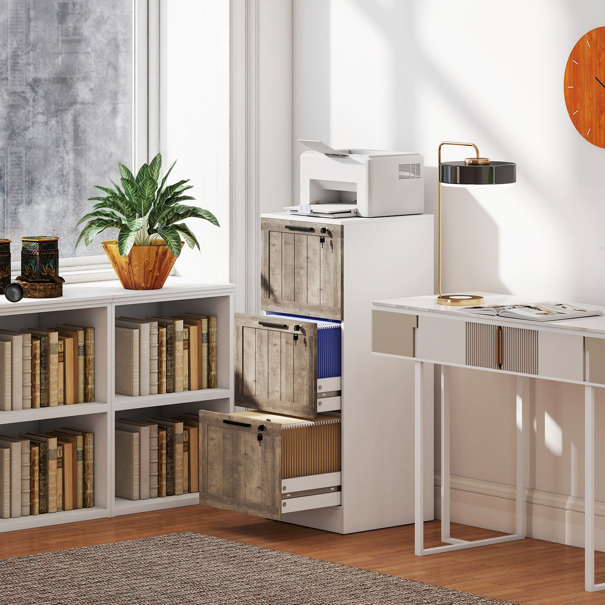 3 Drawer Filing Cabinet, Farmhouse File Cabinet with Lock, Adjustable Hanging Rails for A4 Letter Size Files, White