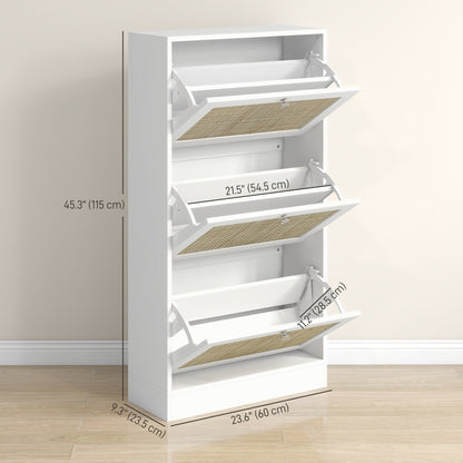 Rattan Front Shoe Cabinet with 3 Flip Drawers for 18 Pairs, White