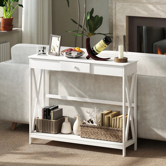 39" X-Design Console Table with Drawer and Storage Shelf, White