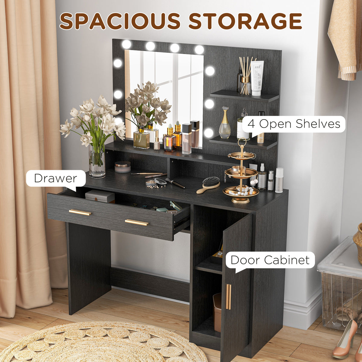 LED Vanity Table Set with Stool and Storage, Black