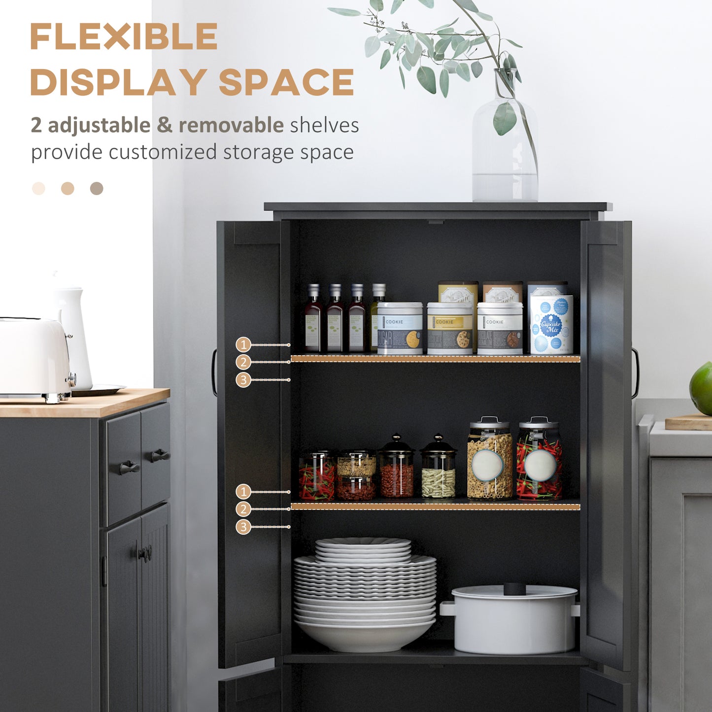 4-Door Storage Cabinet with Adjustable Shelves, 48" Tall Pantry Organizer, Black