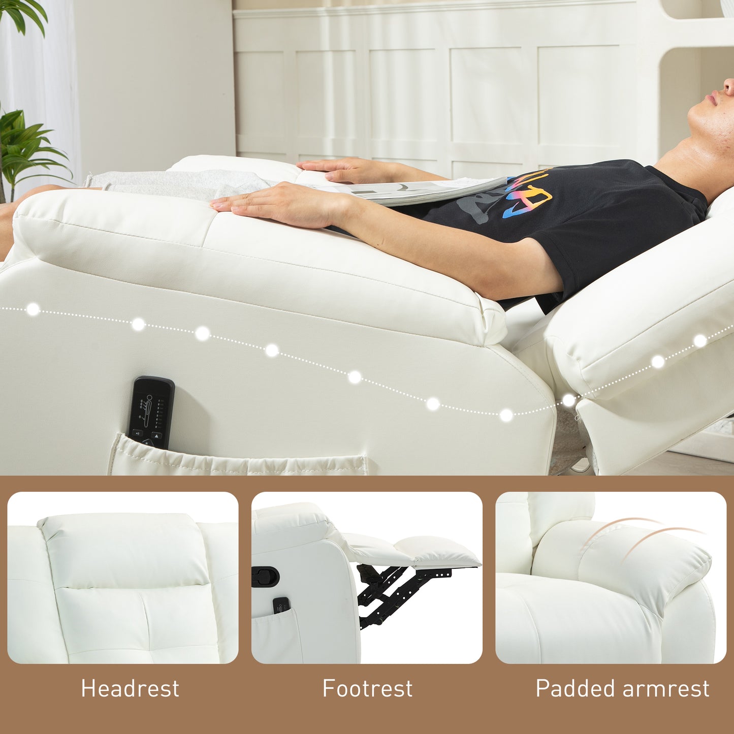 Luxury Massage Recliner Chair with 8 Vibration Points, Cream White
