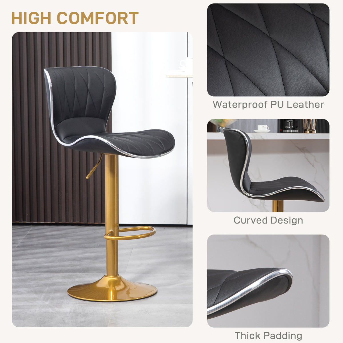 Adjustable Swivel Bar Stools with PU Leather Upholstery, Black (Set of 2)