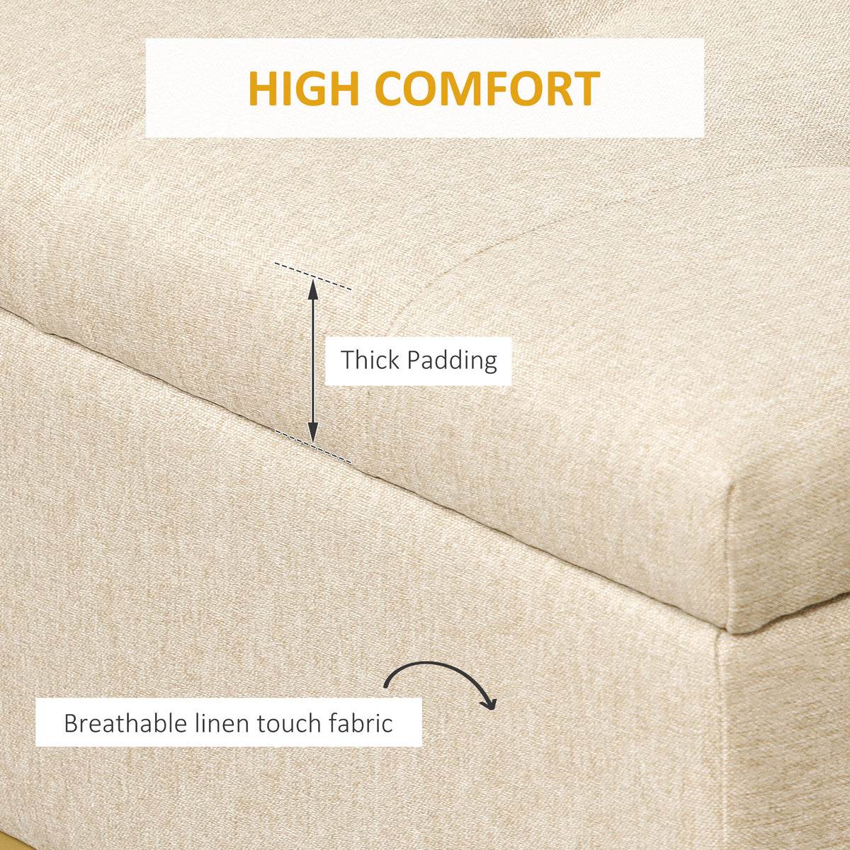 Linen Upholstered Storage Bench with Steel Legs, Beige