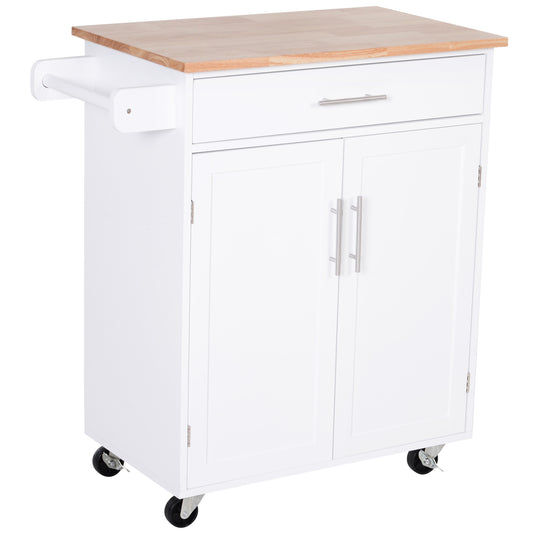 Rolling Kitchen Serving Cart with Wood Top and Towel Rack and Drawer, White