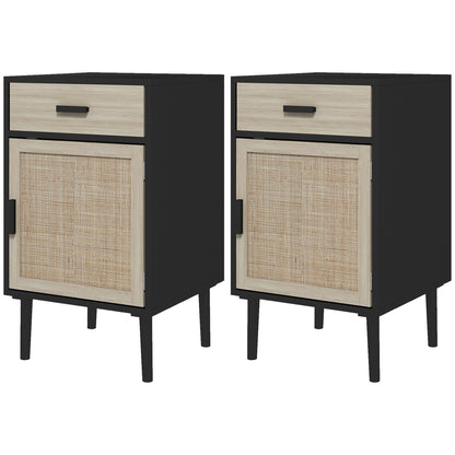 Boho Nightstands with Rattan Cabinet and Adjustable Shelf, Black (Set of 2)