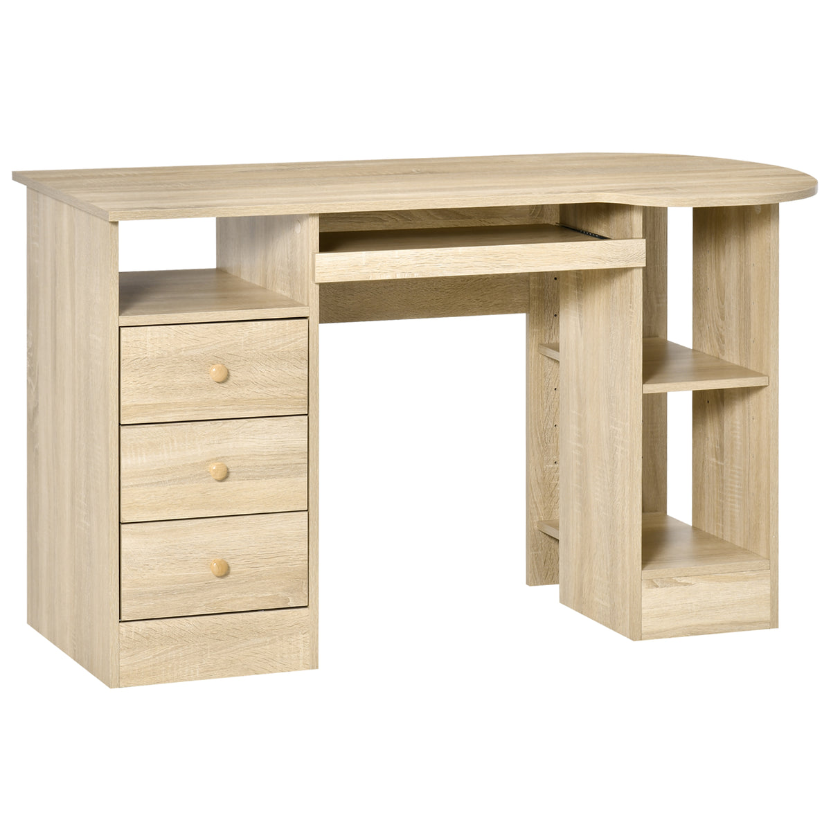 Computer Desk with Keyboard Tray, Shelves and Drawers, Natural