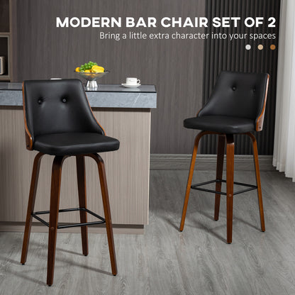 Swivel Bar Stools with Tufted PU Leather and Wood Legs, Black (Set of 2)