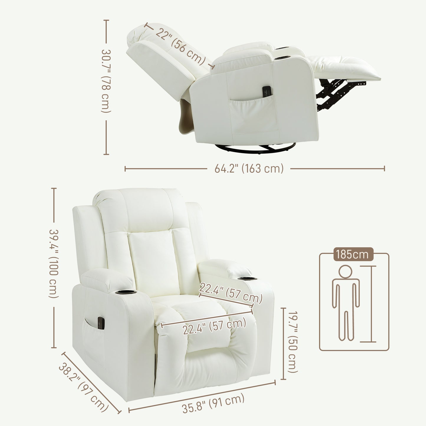 360° Swivel Massage Recliner Chair with Cup Holders, Cream White