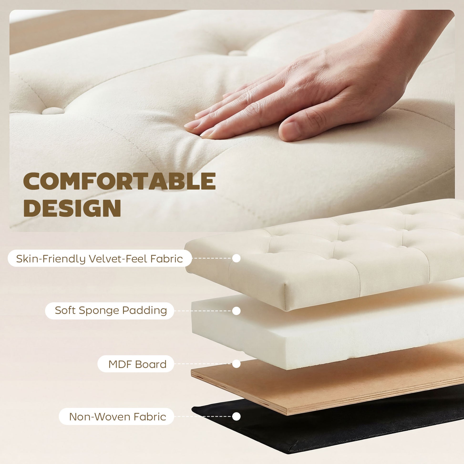 Upholstered Storage Bench with Wood Legs, Beige