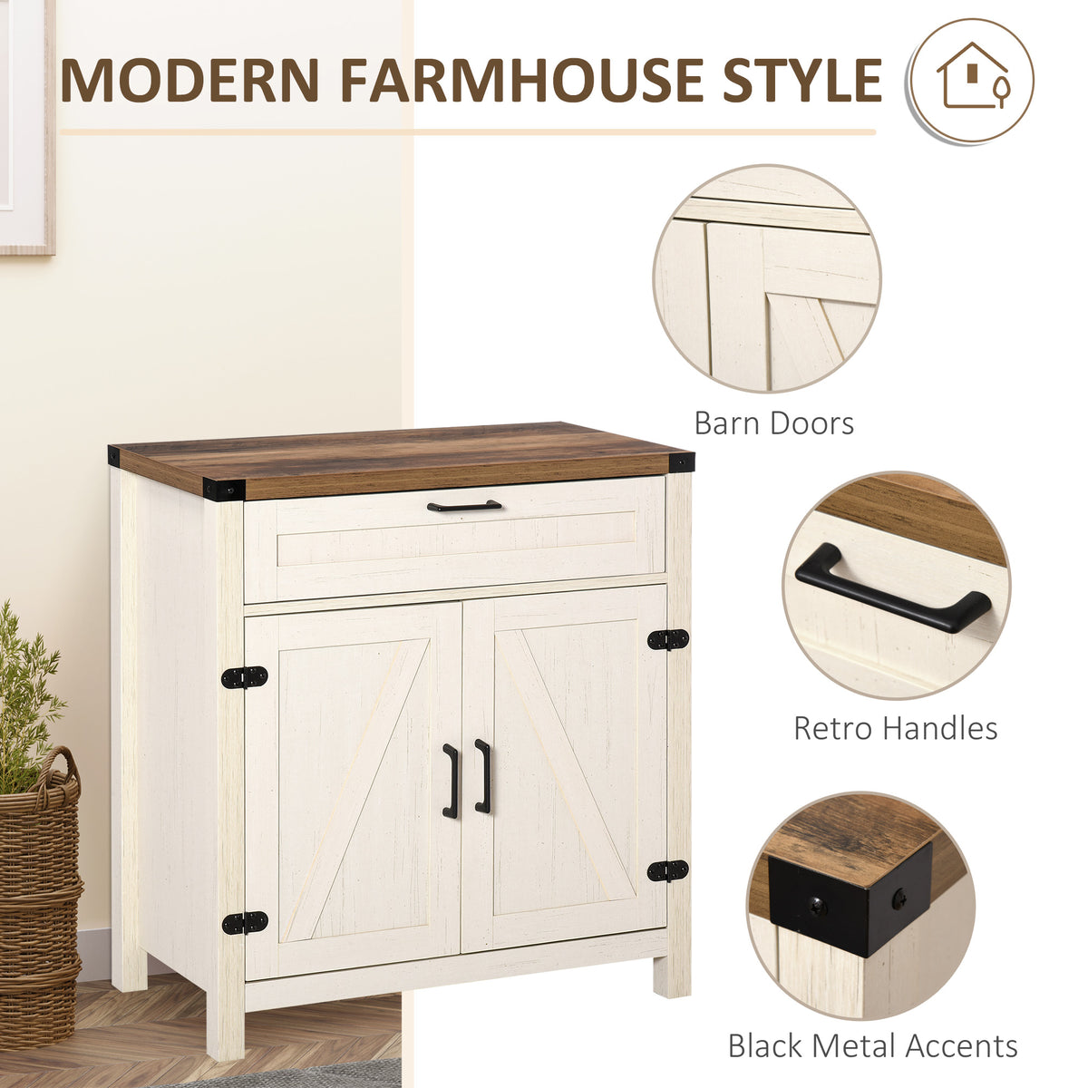Farmhouse Sideboard Buffet with Barn Doors, White