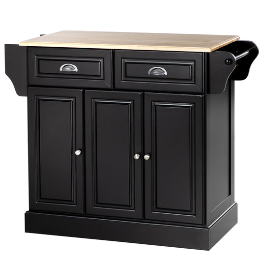 Rolling Kitchen Serving Cart with Rubber Wood Top and Towel Rack and Cabinet, Black