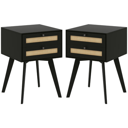 Boho Square Nightstands with 2 Rattan Drawers, Black (Set of 2)
