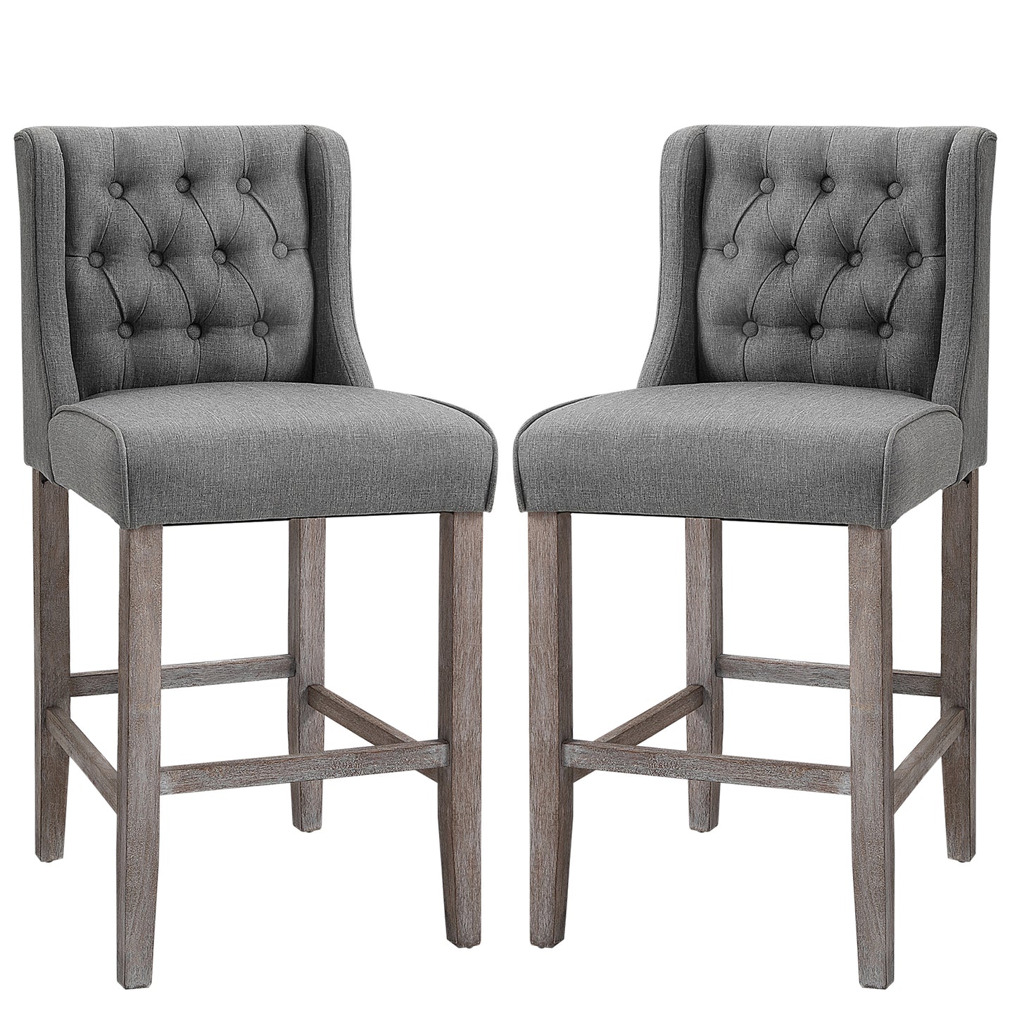 Upholstered Bar Stools with Tufted Nailhead Trim and Wood Legs, Gray (Set of 2)