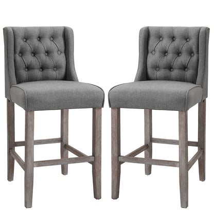 Upholstered Bar Stools with Tufted Nailhead Trim and Wood Legs, Gray (Set of 2)