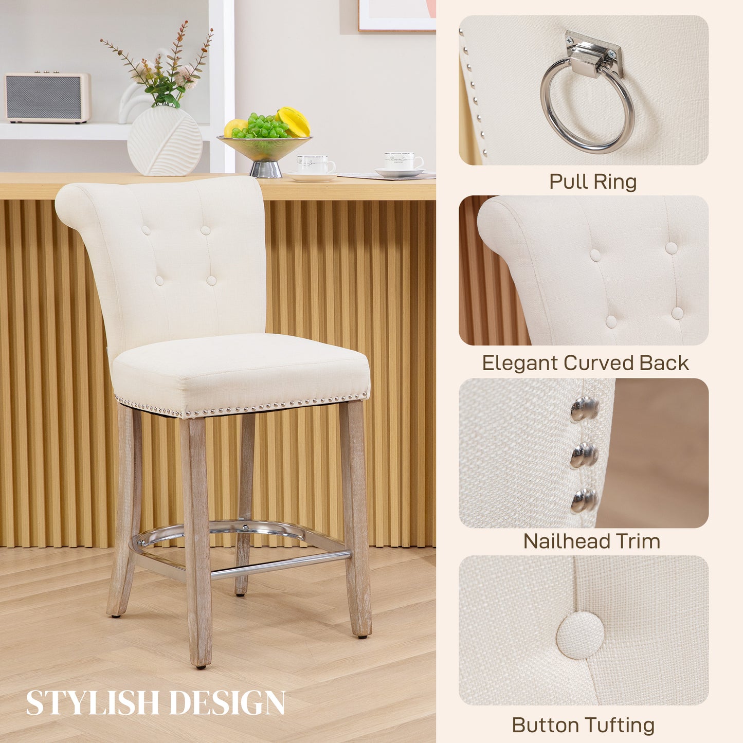 Upholstered Counter Stools with Button Tufted Back and Wood Legs, Cream White (Set of 2)