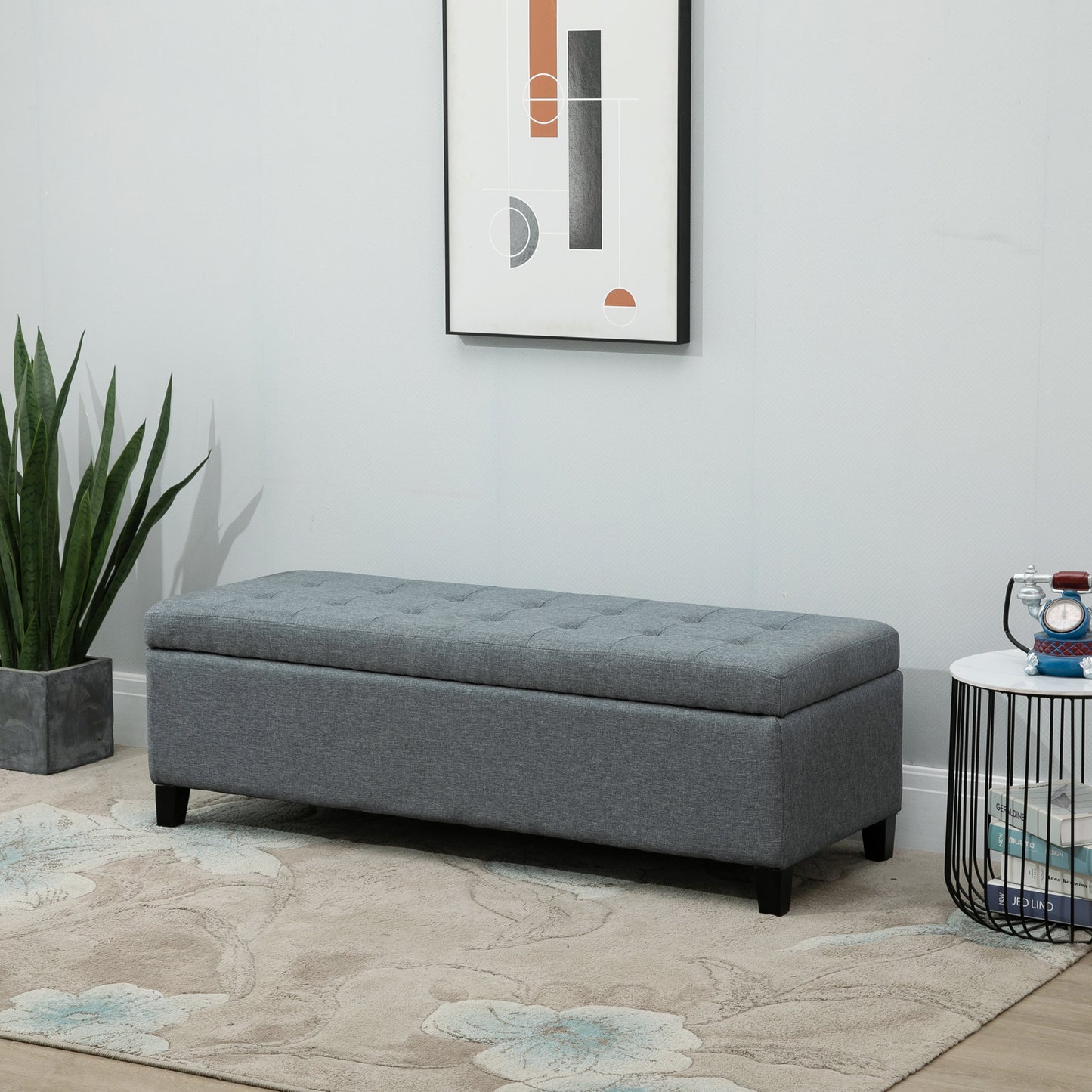 Rectangular Tufted Storage Bench with Wood Feet, Gray