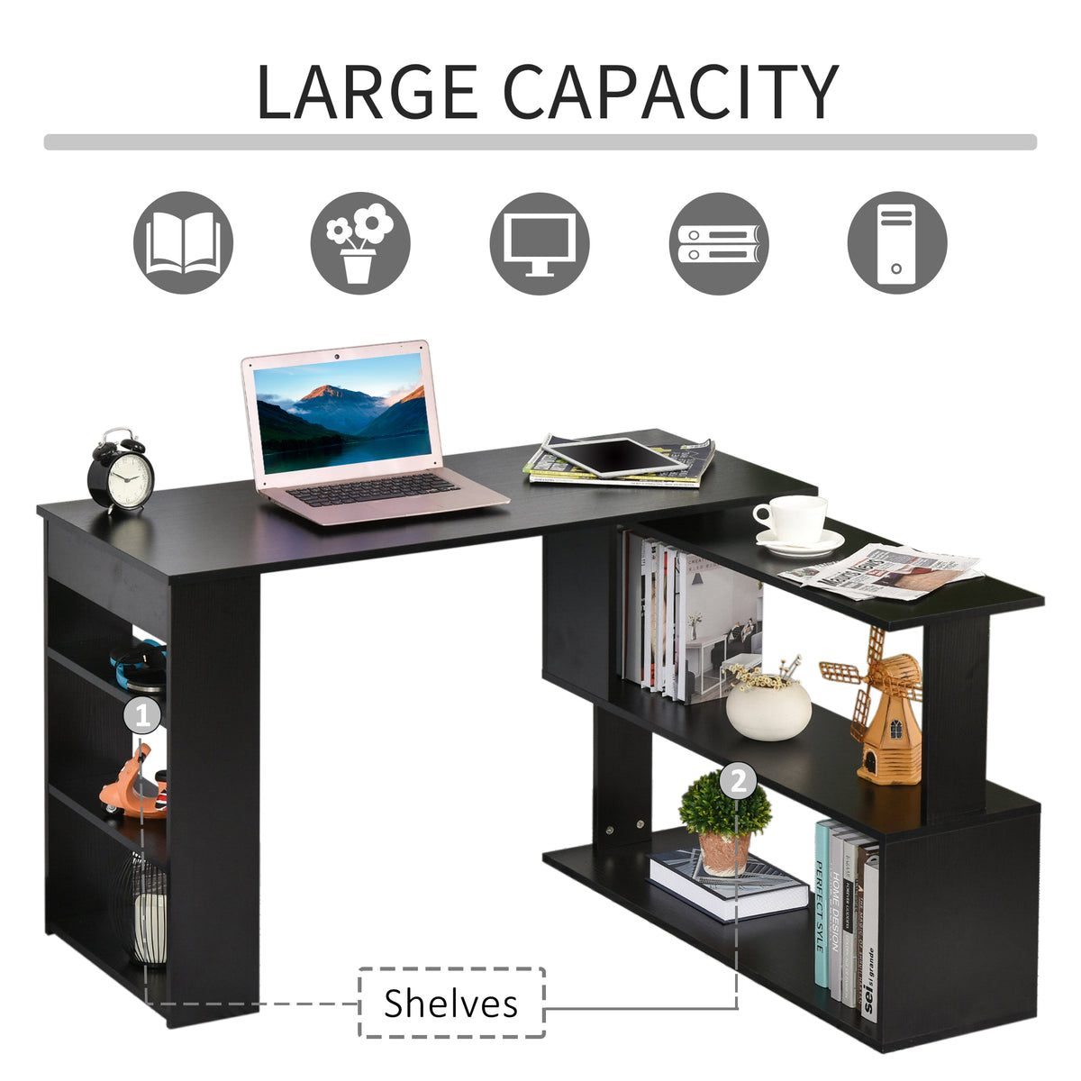 Rotating L-Shaped Computer Desk with Storage Shelves, Black