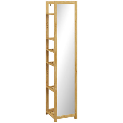 Standing Full Length Mirror with 6-Tier Storage Shelf, 66" x 14", Natural Wood