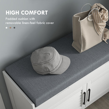 Shoe Storage Bench with Hidden Storage and Shutter Doors, White