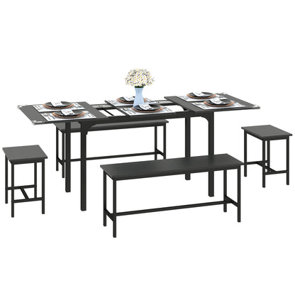 5-Piece Extendable Dining Set with Benches and Stools - Black