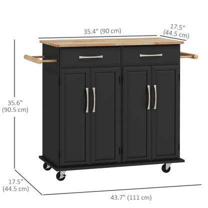Rolling Kitchen Island Cart with Rubber Wood Top and 4 Doors and 2 Drawers