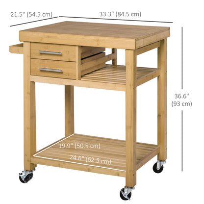 Bamboo Rolling Kitchen Island Trolley with Drawers and Shelves