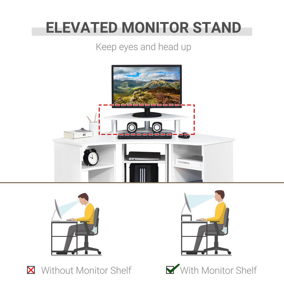 35" L-Shaped Computer Desk with Monitor Stand and Shelves, White