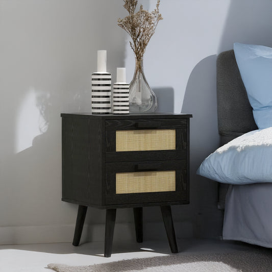 Boho Nightstands with Woven Rattan Drawers, Black (Set of 2)