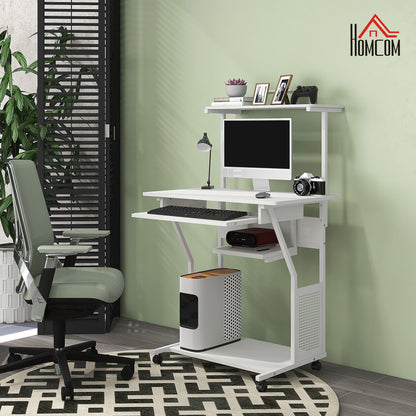32" Mobile Computer Desk with Keyboard Tray and Shelves, White