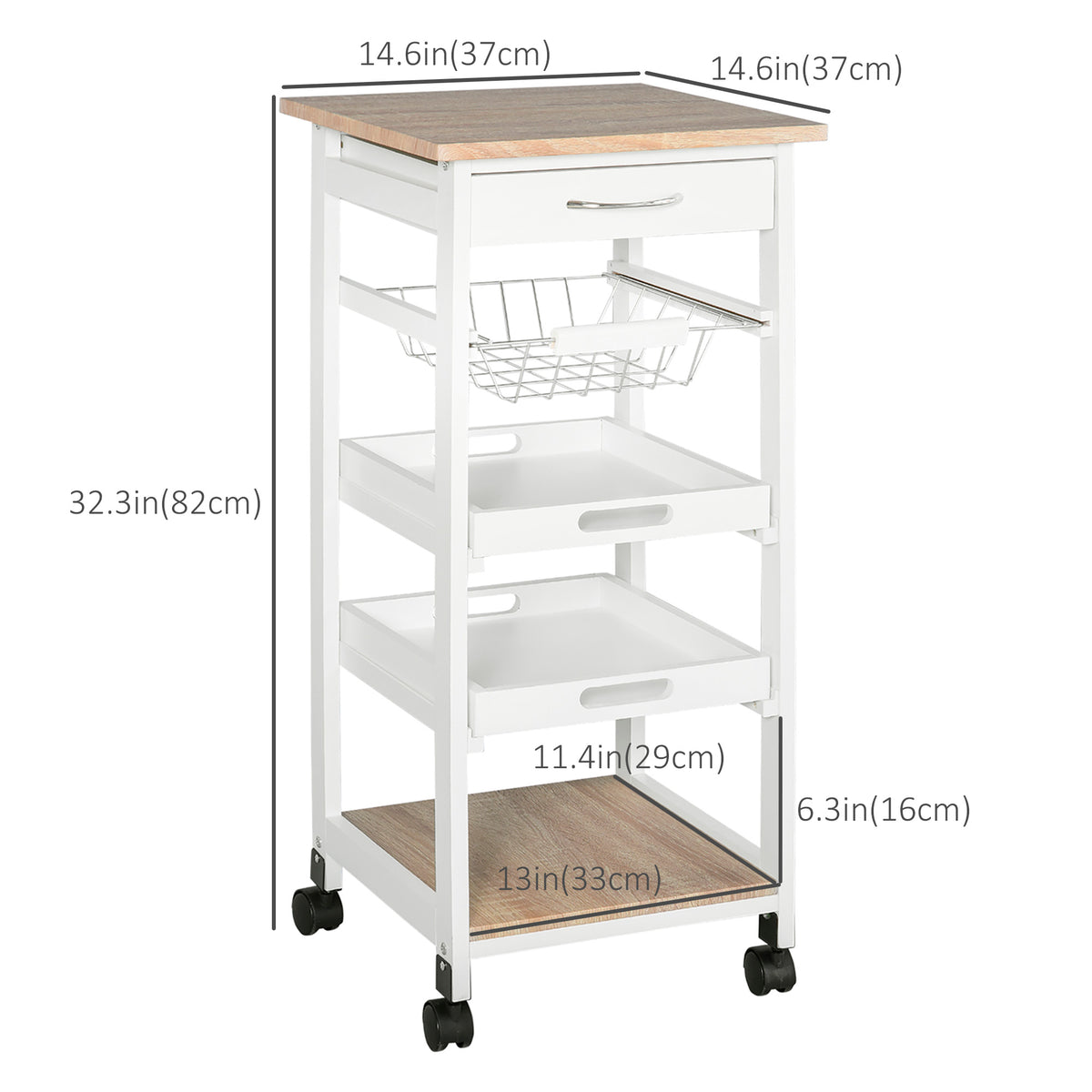 Rolling Kitchen Utility Cart with Drawer and Wire Basket, White