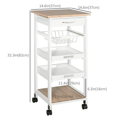 Rolling Kitchen Utility Cart with Drawer and Wire Basket, White