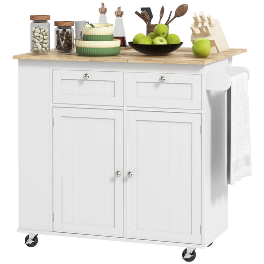 Rolling Kitchen Island Cart with Power Outlet and Drop Leaf and 2 Drawers, White