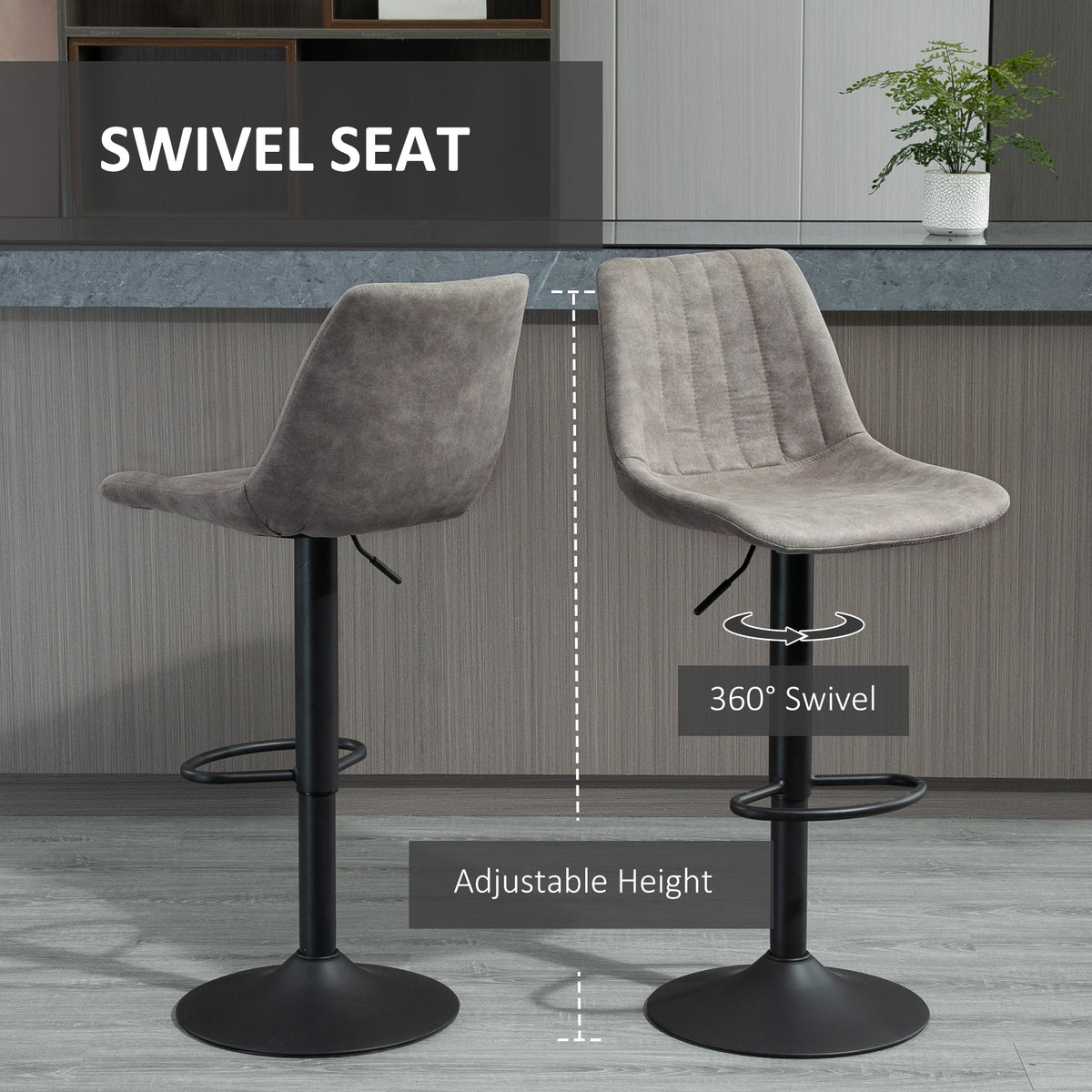 Adjustable Swivel Bar Stools with Leathaire Upholstery and Footrest, Grey (Set of 2)