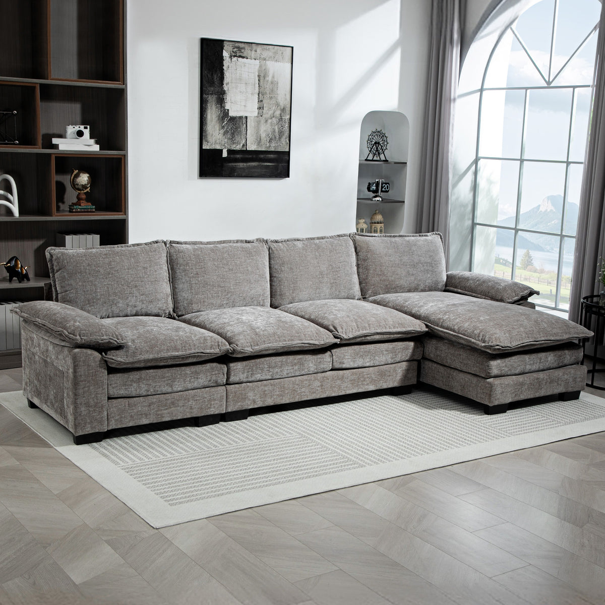 Chenille L-Shaped Sofa with Chaise Lounge, Grey