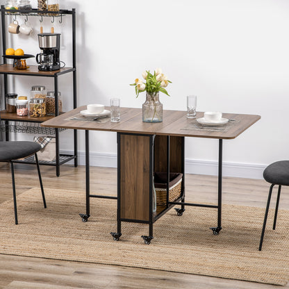 Folding Dining Table with Storage Shelf and 6 Wheels - Light Brown