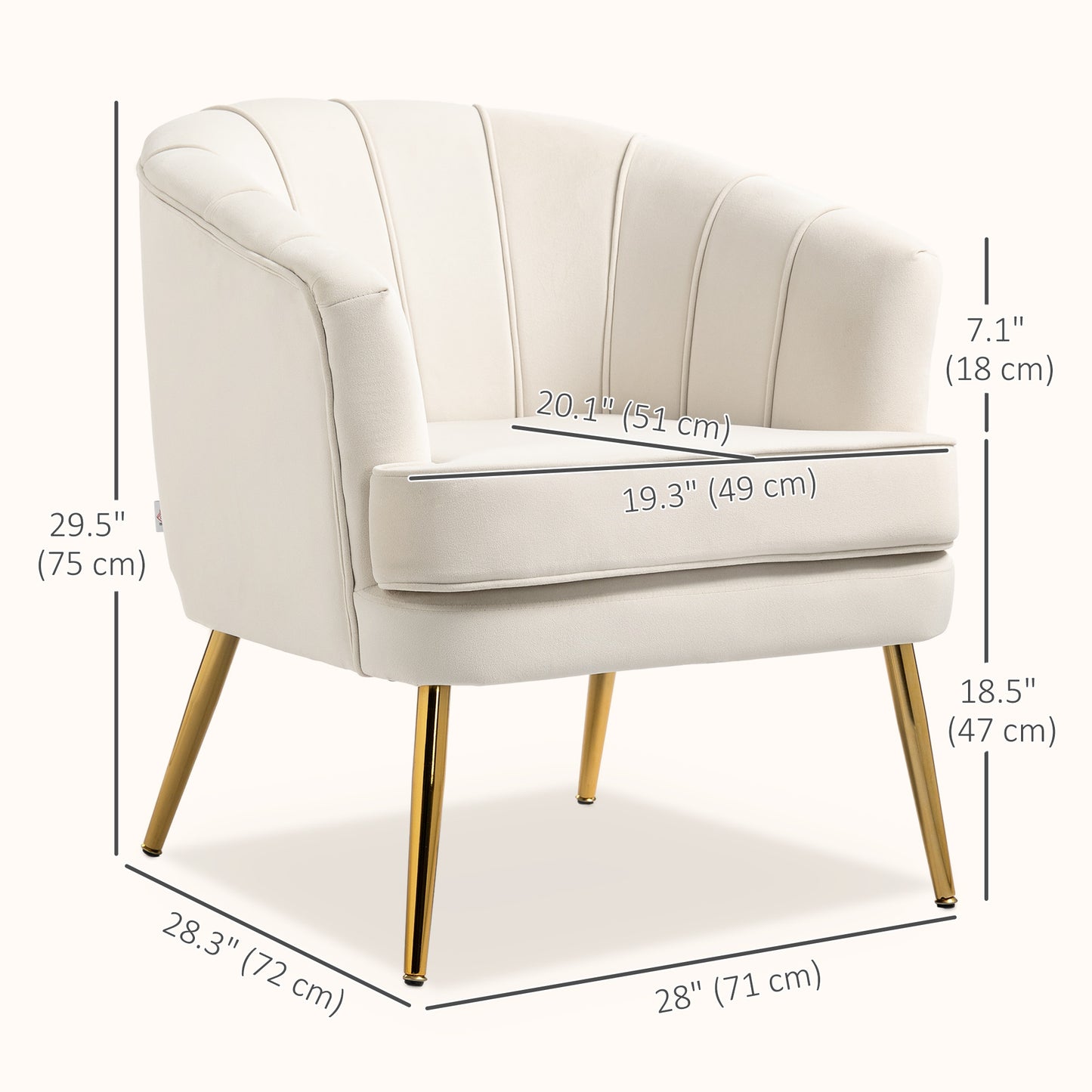 Channel-Tufted Tub Armchair with Upholstery and Gold Legs, Cream