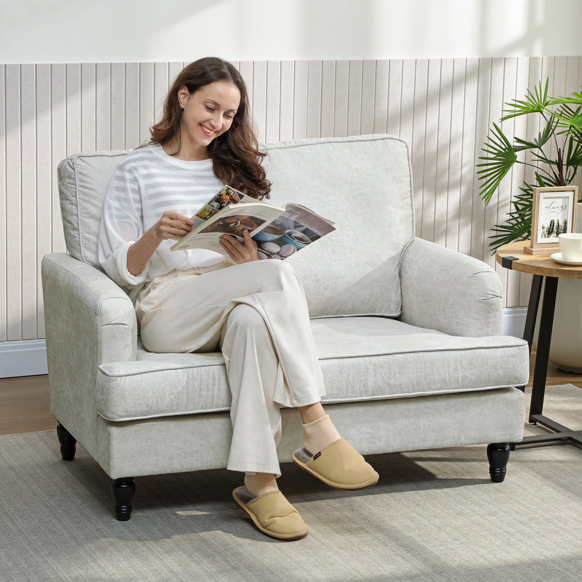 Oversized Upholstered Accent Chair with Ottoman, Cream White