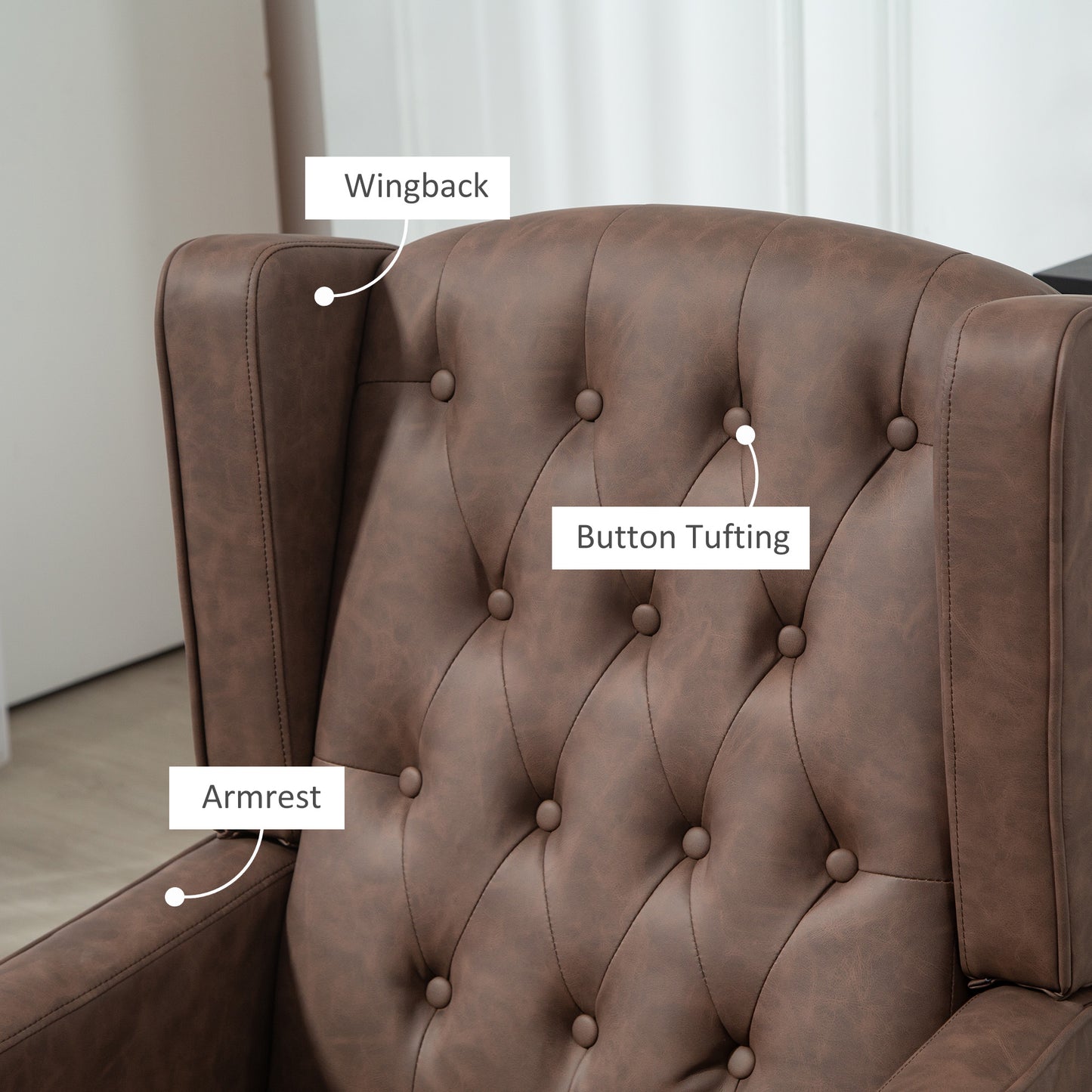 Button-Tufted Wingback Armchair with Faux Leather Upholstery, Brown