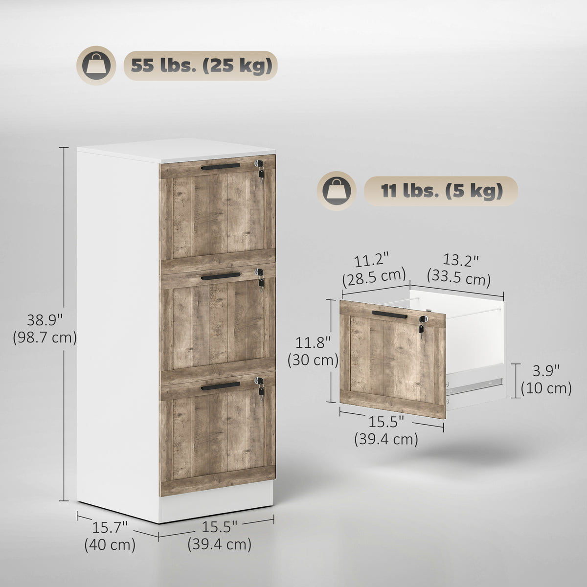 3 Drawer Filing Cabinet, Farmhouse File Cabinet with Lock, Adjustable Hanging Rails for A4 Letter Size Files, White