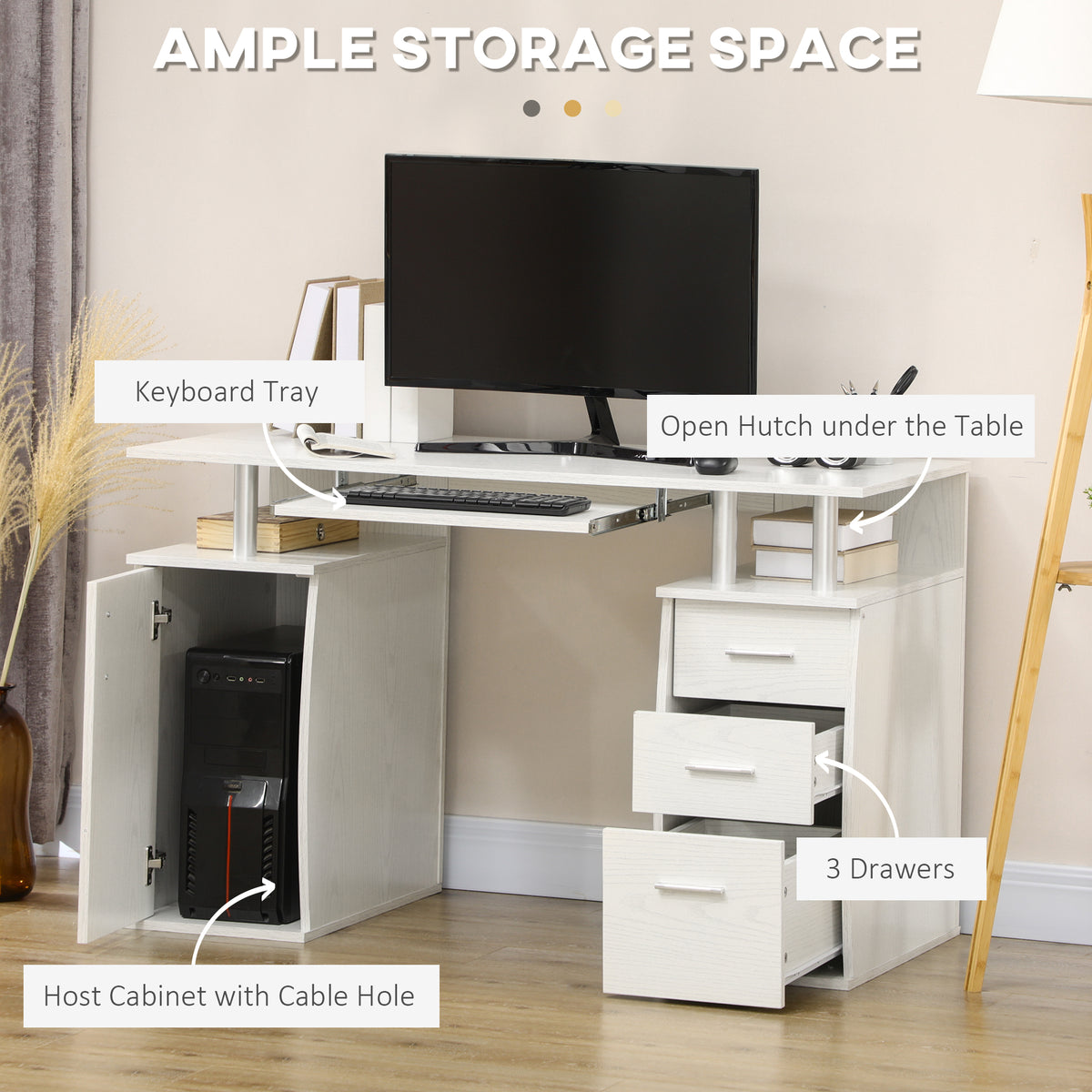 47" Computer Desk with Keyboard Tray and Storage Drawers, White