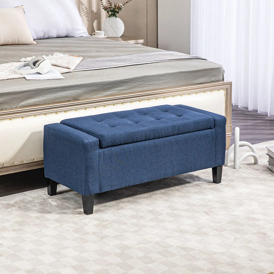 Linen Upholstered Storage Ottoman Bench with Tufted Design, Dark Blue