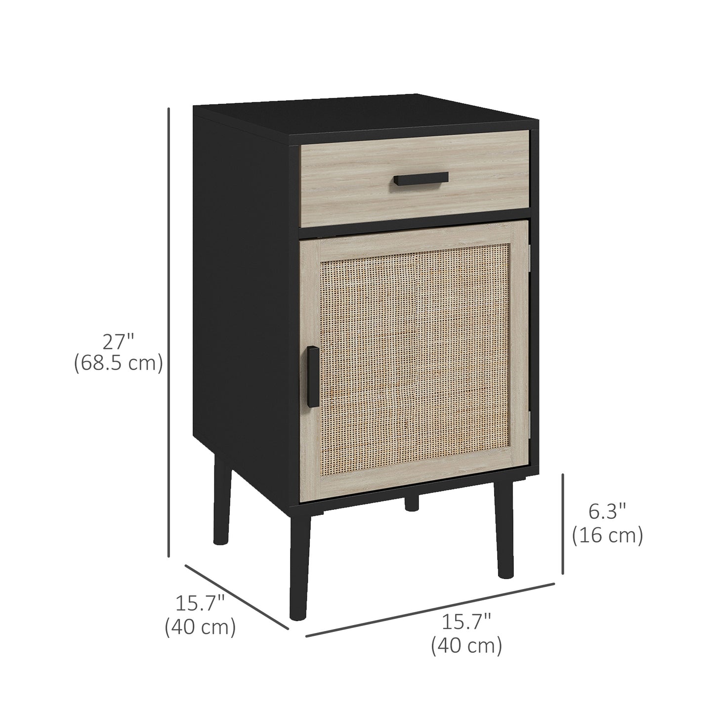 Boho Nightstands with Rattan Cabinet and Adjustable Shelf, Black (Set of 2)