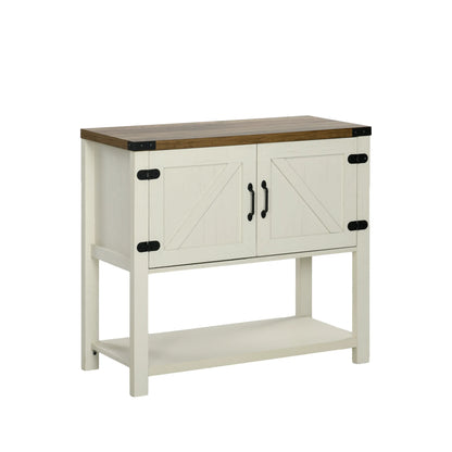 35" Farmhouse Storage Cabinet with Barn Doors and Bottom Shelf, White