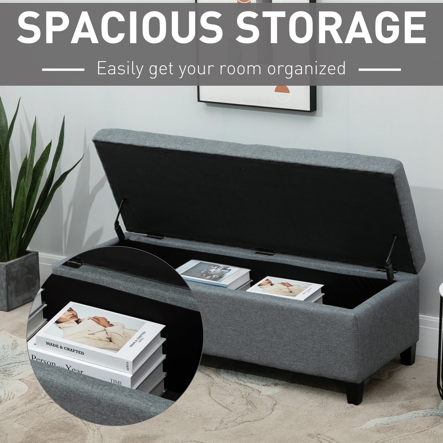 Rectangular Tufted Storage Bench with Wood Feet, Gray