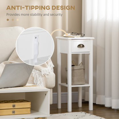 Narrow Tall Side Tables with Drawer and Shelf, White (Set of 2)