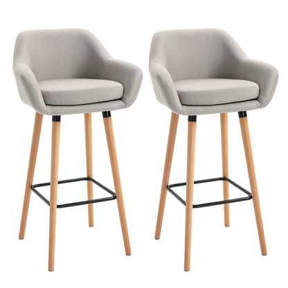 Bar Stools with Linen Fabric and Beech Wood Legs, Beige (Set of 2)